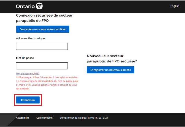Écran de connexion sécurisée du secteur parapublic de FPO, utilisateurs entrent leur adresse e-mail et leur mot de passe